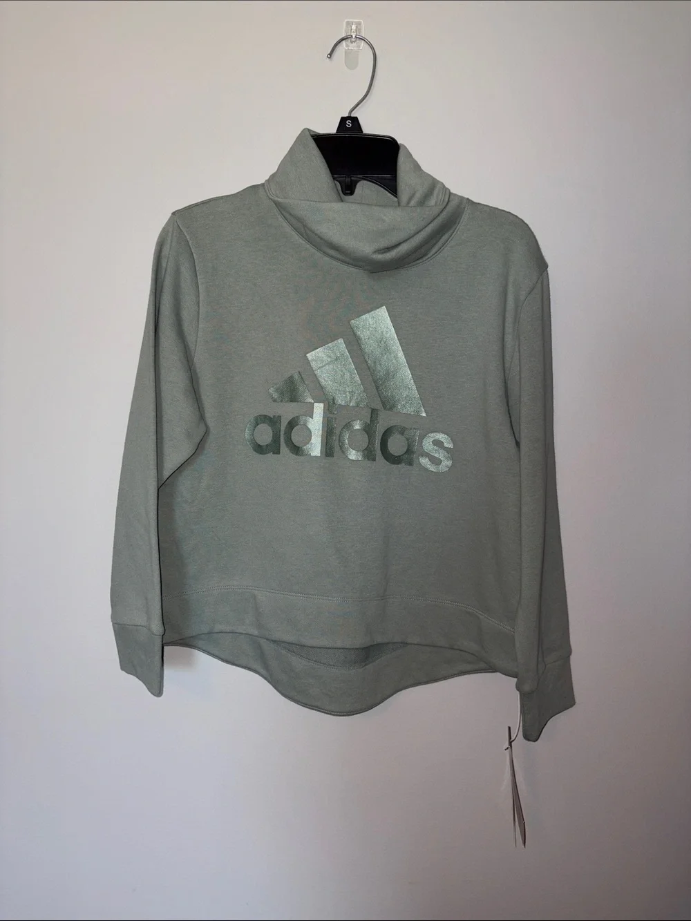 adidas Sage Green Funnel Neck Sweatshirt with Metallic Logo Youth Small